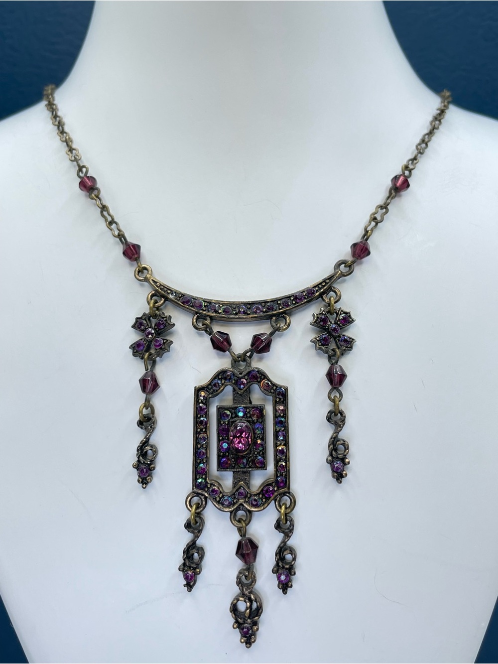 Antique Brass Tone Purple Rhinestone Victorian Revival Statement Necklace